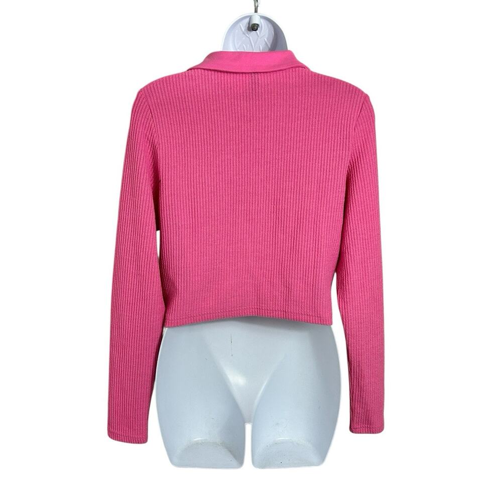 Divided H&M Pink Collared Ribbed Top Sz Large Long-Sleeve Crop Blouse Coquette - Picture 7 of 7